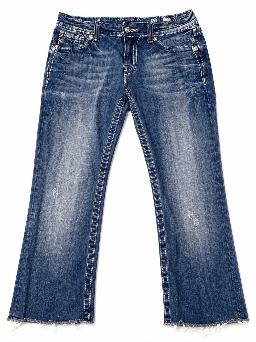 Miss Me Boot Cut Jeans Women’s Size 31 Blue Embroidered Flap Pocket Distressed